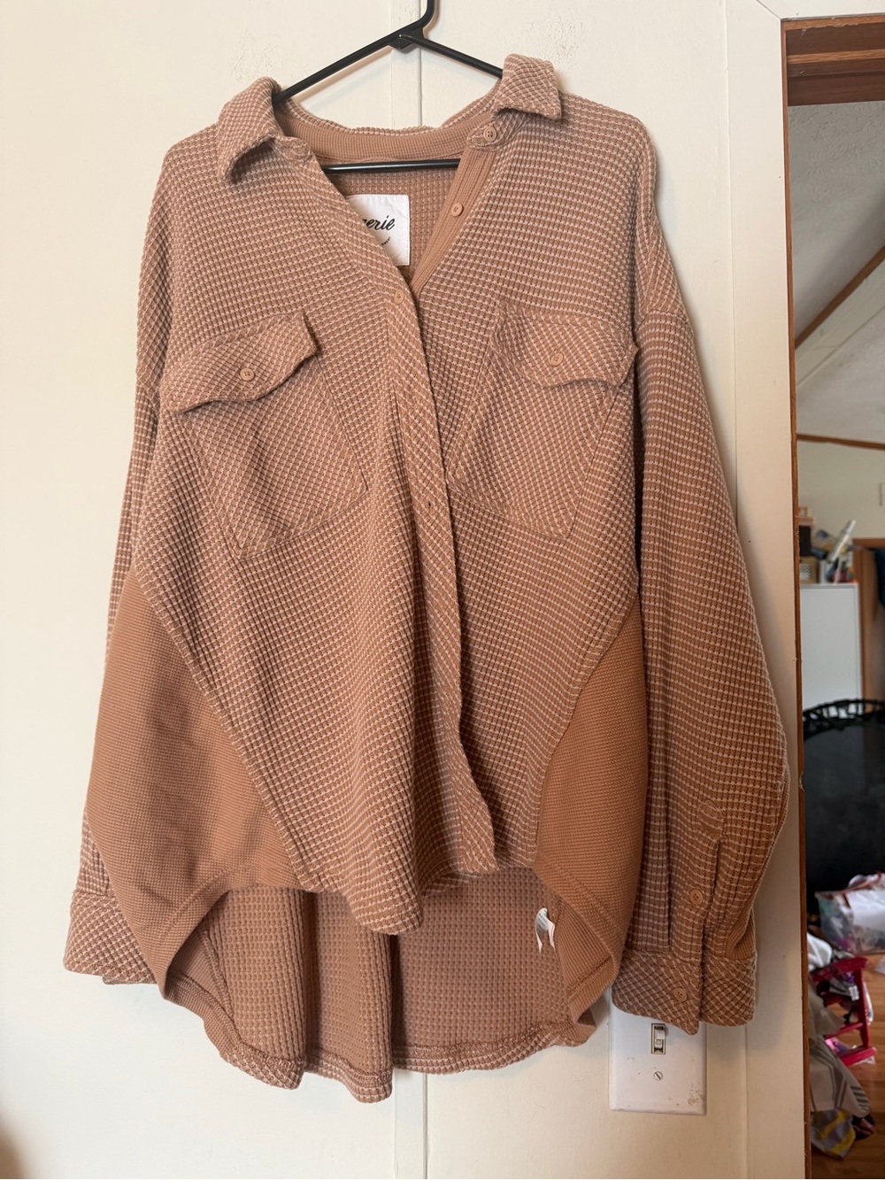 aerie Waffle-Knit Button Down Shirt in Camel Brown Size Large Oversized Fall